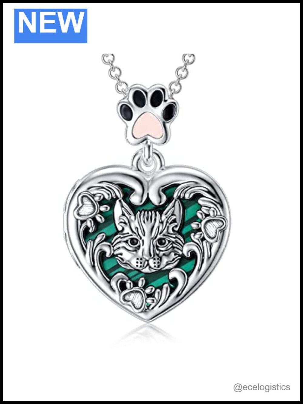 Sterling Silver Cat Face Heart Locket Necklace Holds Photos